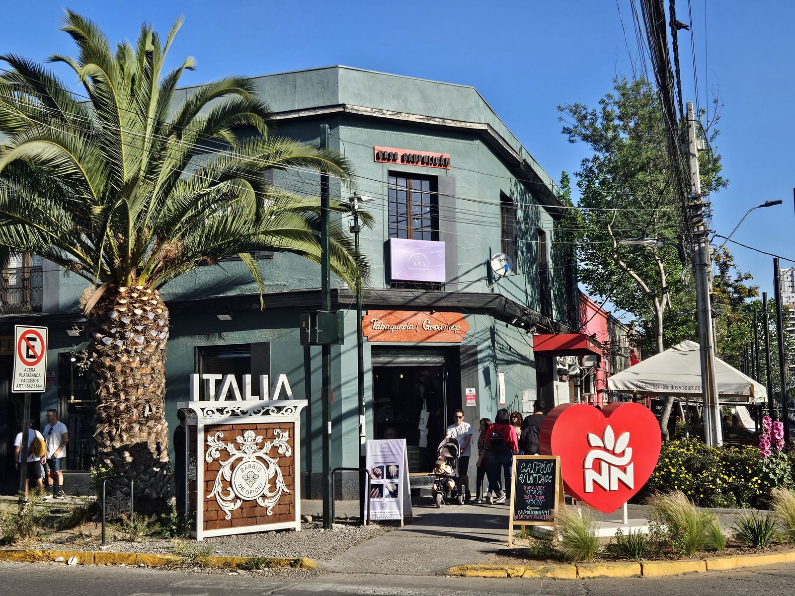 A corner of Barrio Italia with its palm tree and shops