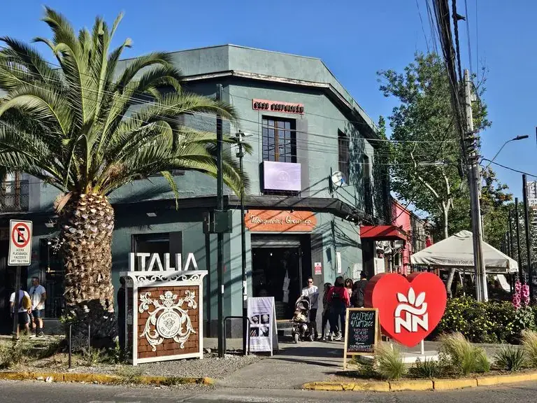 A corner of Barrio Italia with its palm tree and shops