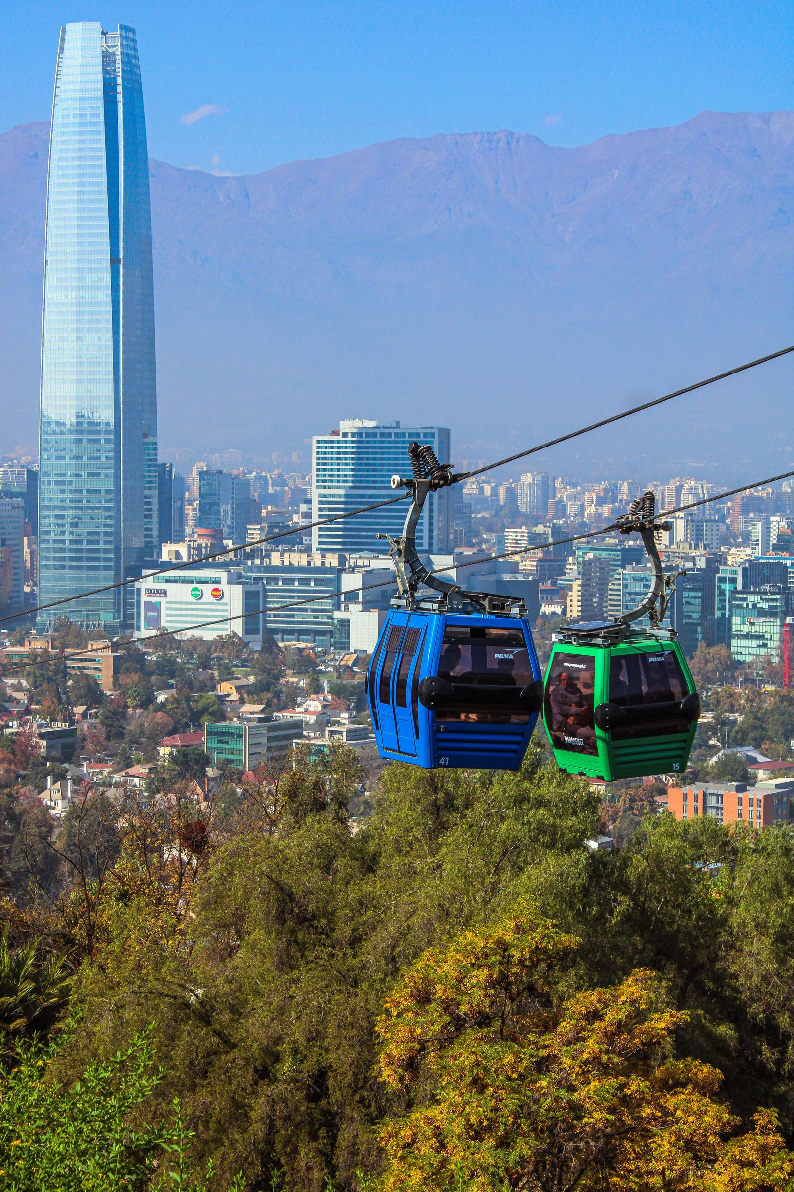 The San Cristóbal cable car with Gran Torre Santiago behind