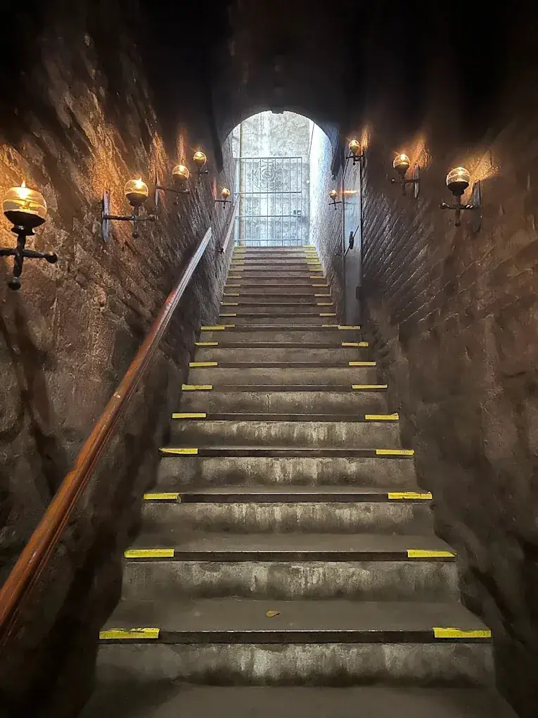 Stone stairs down to the underground cellar at Cousiño Macul