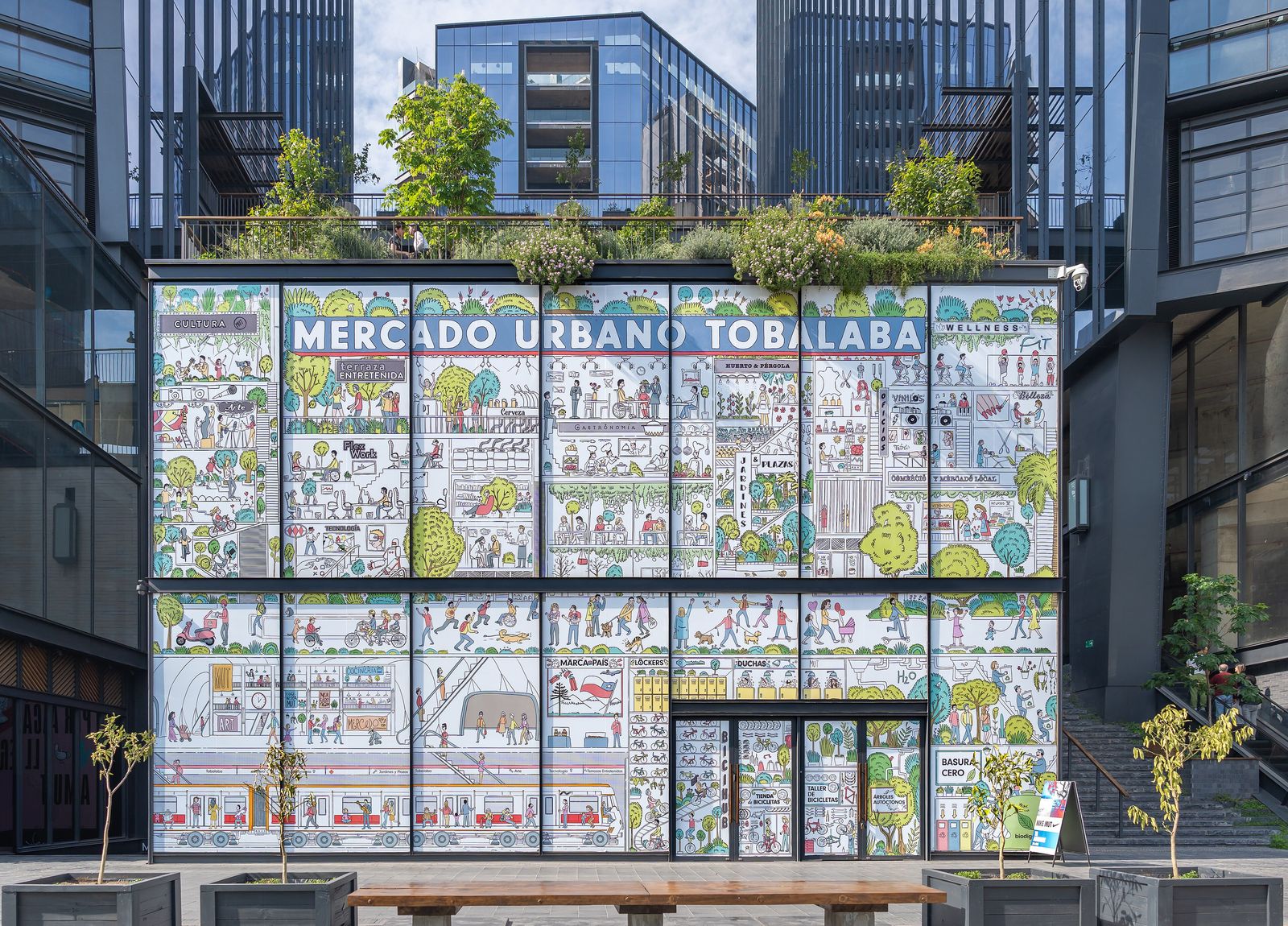 The illustrated façade of Mercado Urbano Tobalaba