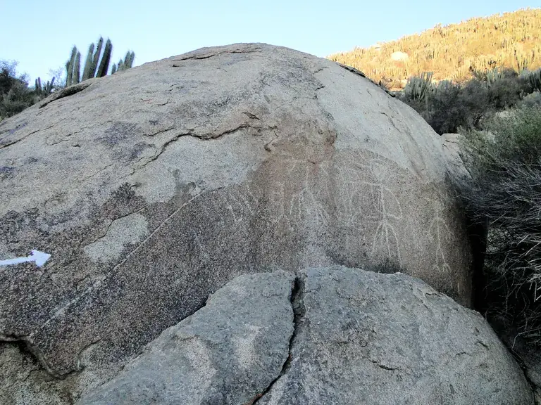 Ancient petroglyphs carved on a granite boulder in Chile