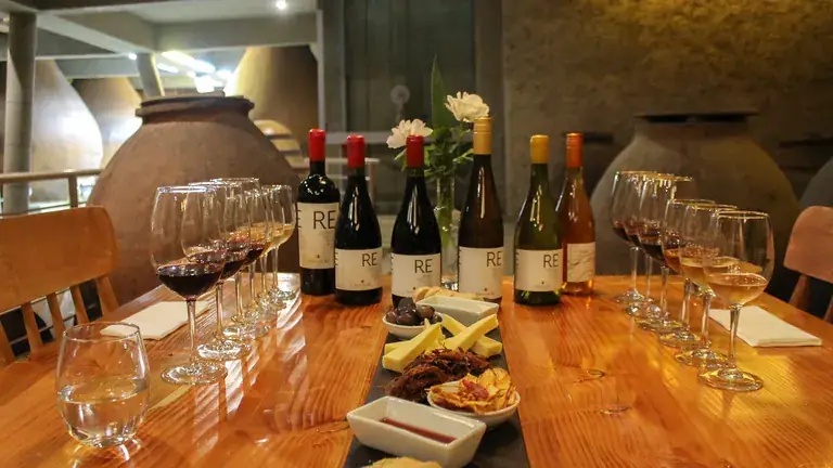 A tasting table among clay amphorae at Bodegas RE